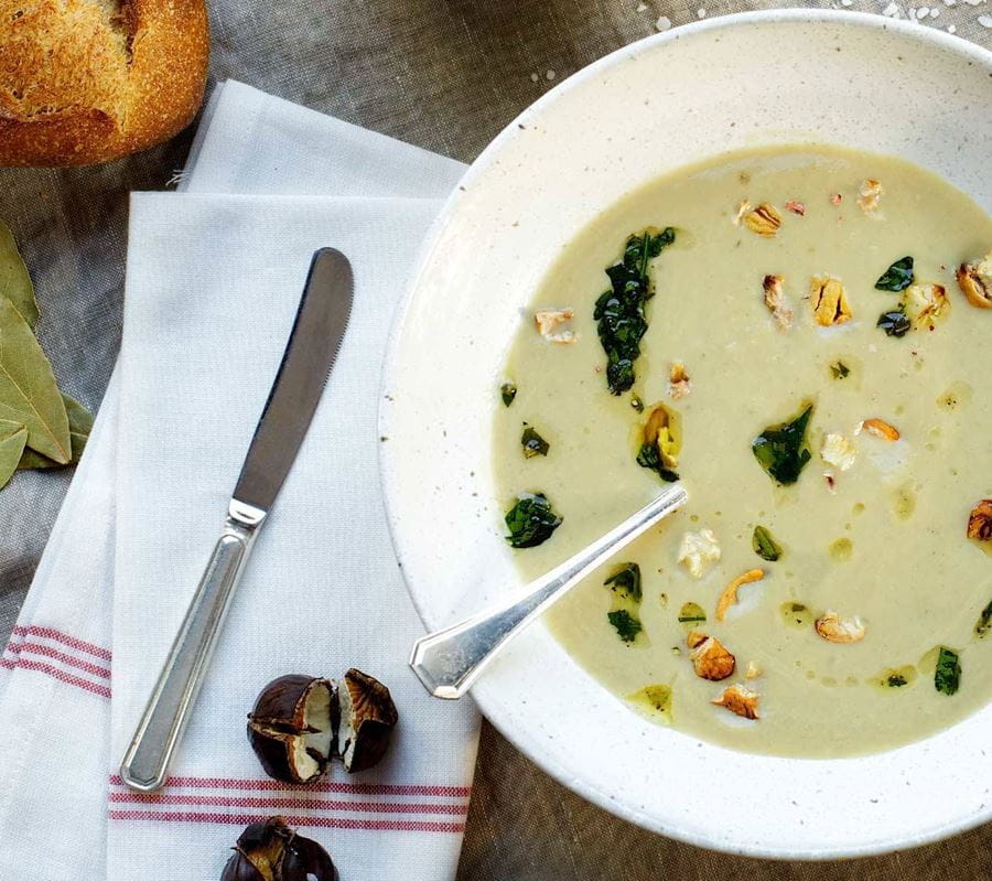 recipe image Sunchoke, Cauliflower & Chestnut Soup with Herbed Toasts