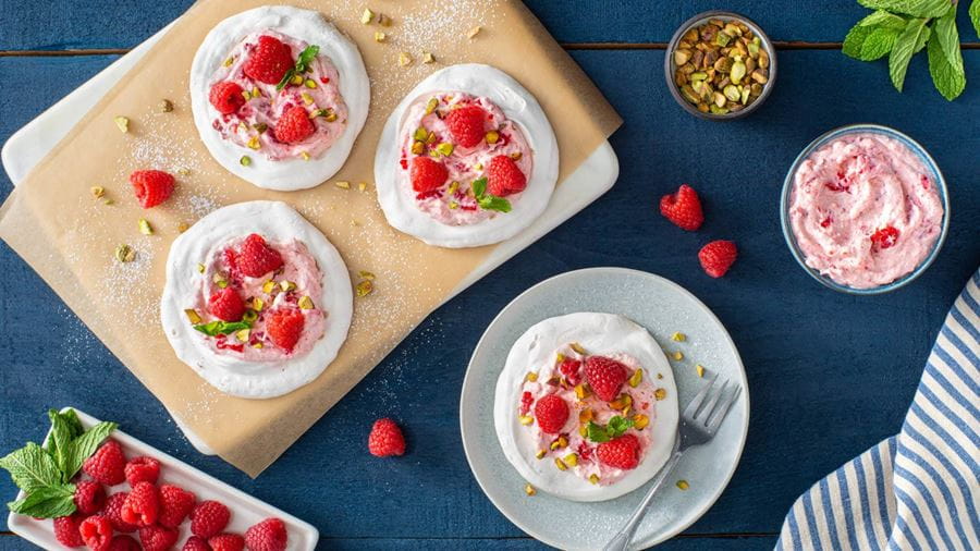 recipe image Vegan Mini Pavlovas with raspberries and pistachios