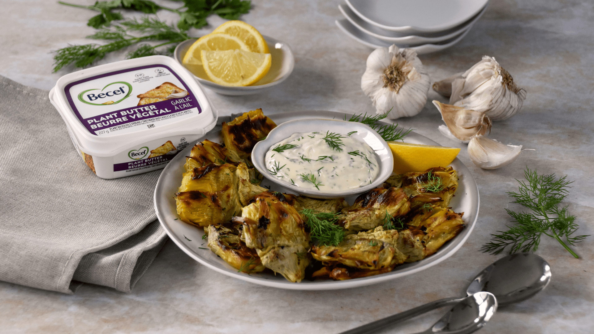 Smashed Artichokes with Garlic Herb Aioli| Becel