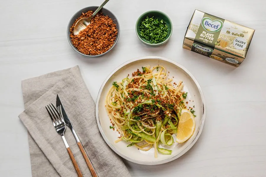 recipe image Shaved Asparagus & Lemon Pasta with Garlicky Bread Crumbs