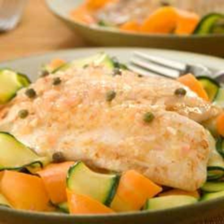 recipe image Tilapia Piccata over Vegetable Ribbons