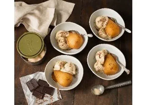 recipe image Apple Cider Poached Pears With Vanilla Bean "Nice Cream"