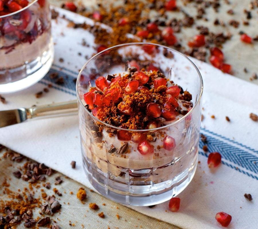 recipe image Acai Berry No-Bake Cheesecake with Graham Crumbs, Pomegranate & Cocoa Nibs