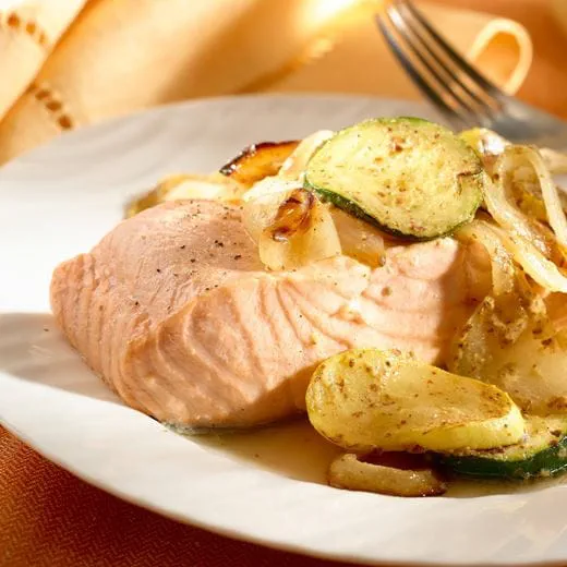 recipe image Parmesan Vegetables with Poached Salmon