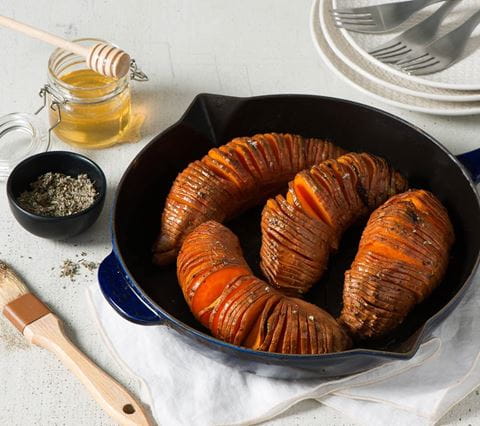 recipe image Savoury & Sweet Hasselback Sweet Potatoes