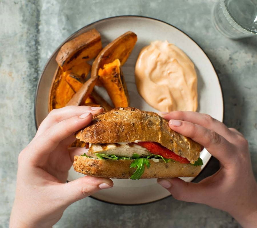 recipe image Grilled Chicken with Roasted Red Pepper and Arugula Sandwich