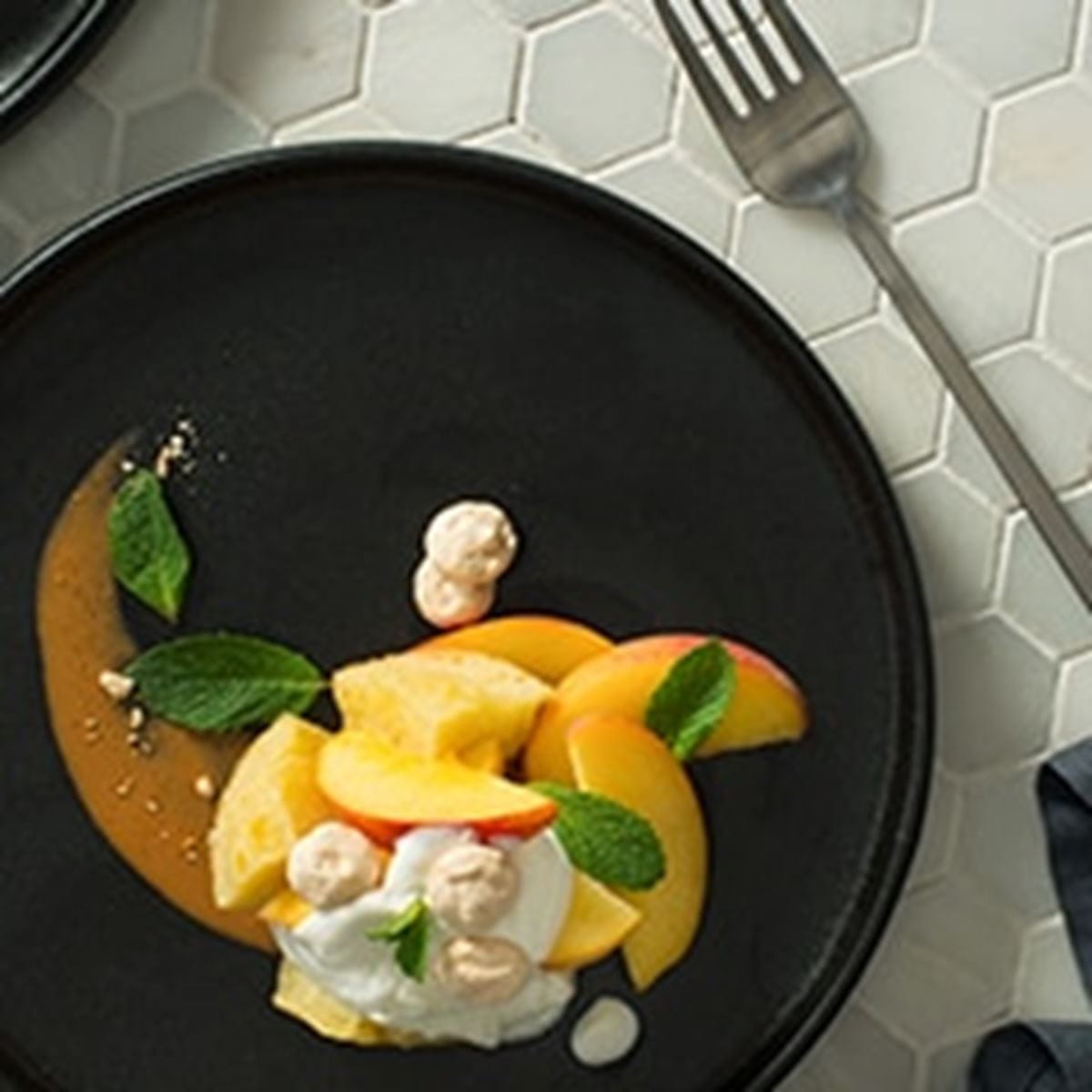 recipe image Peach Meringue Sponge Cake with Caramel Drizzle
