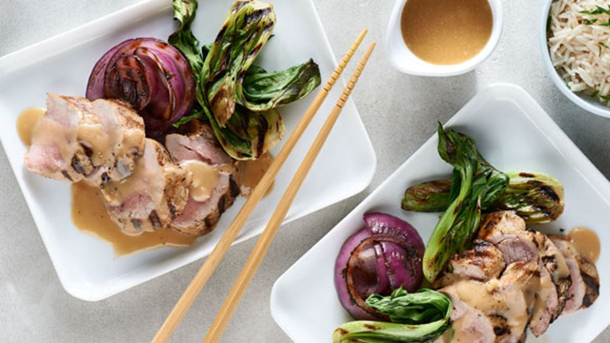 recipe image Miso-Maple Glazed Grilled Pork & Baby Bok Choy