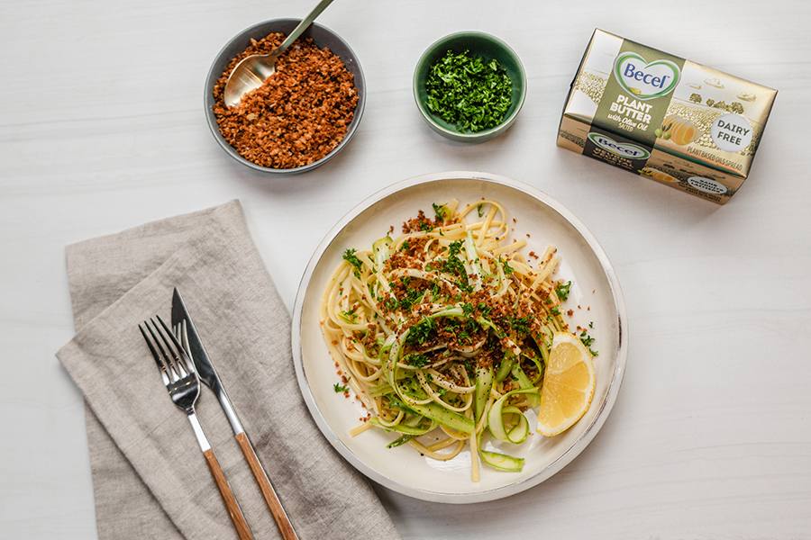 recipe image Shaved Asparagus & Lemon Pasta with Garlicky Bread Crumbs