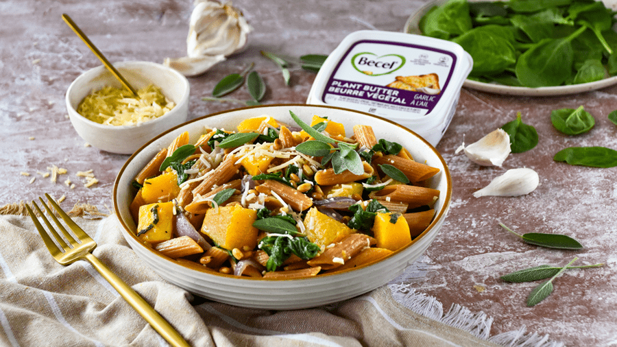 recipe image Pâtes à la courge musquée rôtie et aux épinards